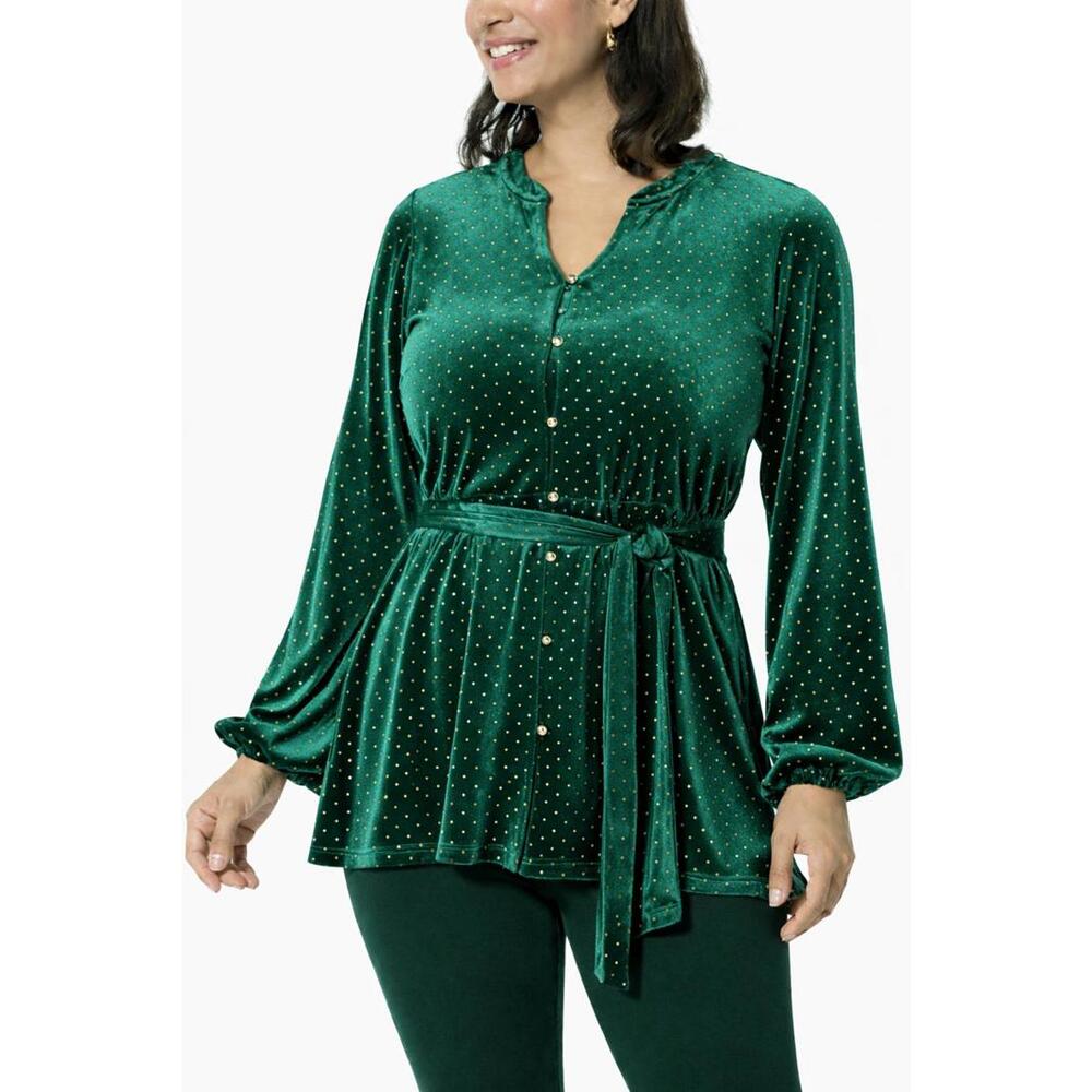 Colleen Lopez Green Velvet Studded Belted Peplum Blouse Size Medium - Picture 1 of 6